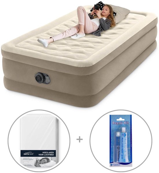 Intex Twin Ultra Plush Luchtbed met ingebouwde pomp | Eenpersoons | 191 x 99 x 46 cm | Inclusief reparatiekit + hoeslaken van Intex
