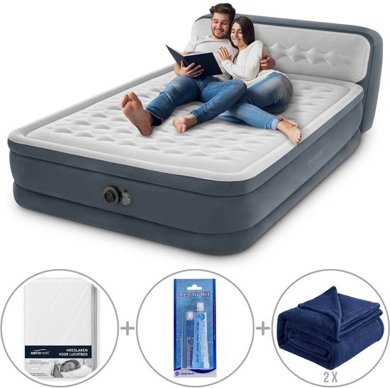 Intex Ultra Plush luchtbed met hoofdboord | Tweepersoons | 152 x 203 x 46 cm | Inclusief reparatiekit + hoeslaken + twee fleece dekens van Merkloos