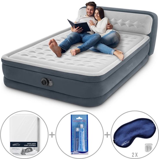 Intex Ultra Plush luchtbed met hoofdboord | Tweepersoons | 152 x 203 x 46 cm | Inclusief reparatiekit + hoeslaken + twee slaapmaskers van Intex