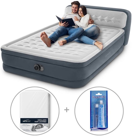 Intex Ultra Plush luchtbed met hoofdboord | Tweepersoons | 152 x 203 x 46 cm | Inclusief reparatiekit + hoeslaken van Intex