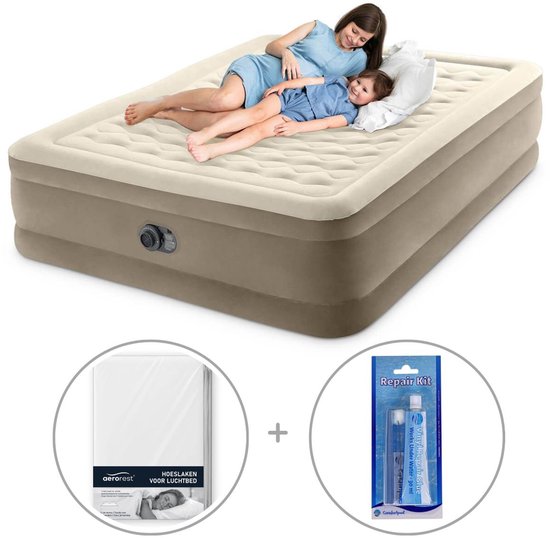 Intex Ultra Plush Luchtbed met ingebouwde pomp | Tweepersoons | 152 x 203 x 46 cm | Inclusief bijpassend hoeslaken + reparatiekit van Intex
