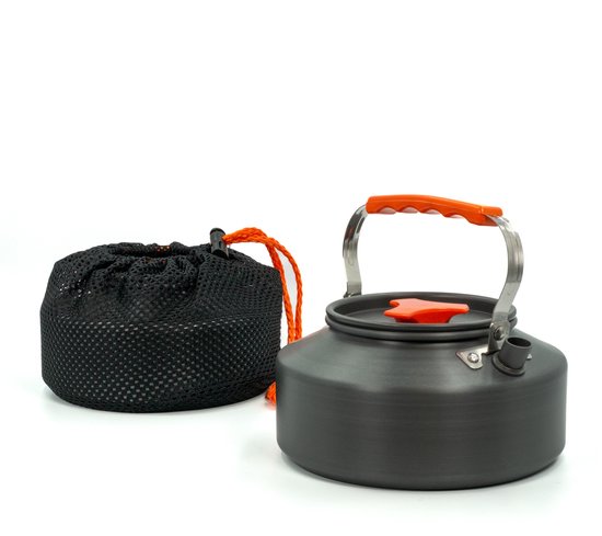Intirilife Camping Kettle Outdoor waterkoker van aluminium in Oranje met een inhoud van 1.1 L - Voor het koken van water thee koffie of soep tijdens het kamperen of reizen