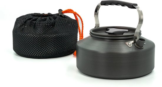 Intirilife Camping Kettle Outdoor waterkoker van aluminium in Zwart met een inhoud van 1.1 L - Voor het koken van water thee koffie of soep tijdens het kamperen of reizen