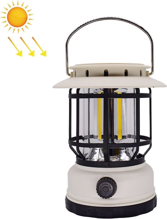 IPEXNL Retro oplaadbare camping lamp met solar en met hanger op voet geeft licht tot 330lm, IP44, brandtijd tot 8h, dimbaar, matt , licht gewicht 249g , instelbare lichtkleur kleur zwart/wit