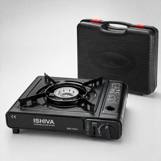 ISHIVA Compact Kookstel voor Noodsituaties – Draagbaar Gasfornuis 2,2 kW – Camping Kooktoestel met Koffer – Geschikt voor MSF-1 Gaspatronen – Outdoor, Noodsituaties & Stroomuitval – Incl. Aluminium Pan