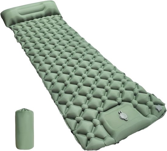 Isolatiemat Kampeer - Slaapmat Voetpomp - Kamperen Buiten - Ultralicht Inclusief Kussen - 190 x 60 x 5 cm - Groen van Merkloos