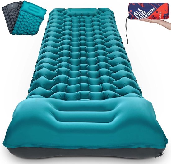 Isolatiemat - Pauw Blauw - 10 cm - Dikke Zelfopblazende Slaapmat met Kussen - Voor Kamperen en Trekking