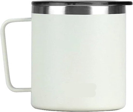 Isolatiemok met handvat - Drinkbeker kantoor - Warme dranken bewaren - Roestvrij staal - 400ml - Antiek wit