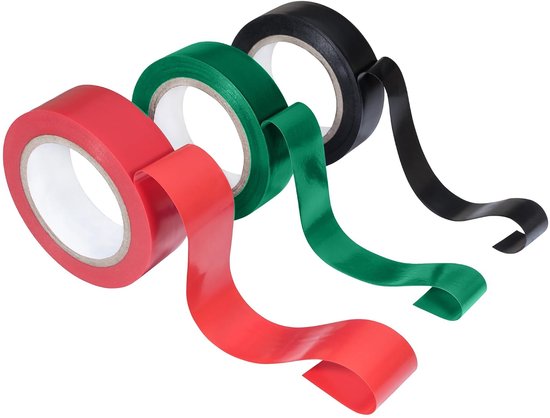 Isolatietape, dikte 0,18 mm, 17 mm x 6 m, rood, zwart, groen, moeilijk ontvlambaar, hoge bescherming, voor elektrische isolatie, reparatie en identificatie, gebruik binnen en buiten