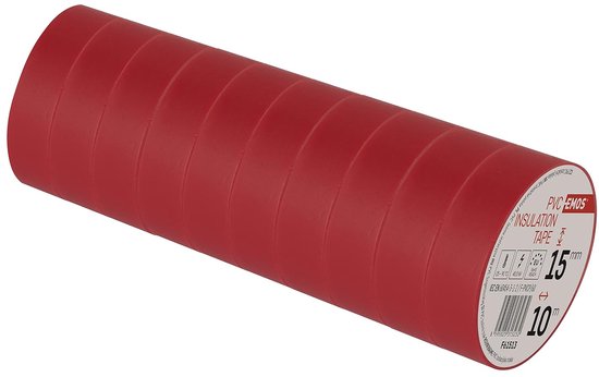 Isolatietape, rood, verpakking van 10 stuks, 15 mm x 10 m, 0,13 mm banddikte, zelfklevend, hoge spanningssterkte en gebruikstemperatuurbereik, uv-bestendig, waterdichte verbinding, zonder