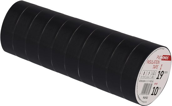 Isolatietape zwart 10 stuks, 19 mm x 10 m, 0,13 mm banddikte, zelfklevend, hoge spanningssterkte en gebruikstemperatuurbereik, UV-bestendig, waterdichte verbinding, zonder textielweefsel