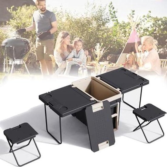 Isolerende Koelbox - Mobiele Koelkast - Buitenactiviteiten - Inclusief Tafel en Stoelen - 32L Capaciteit - Zwart/Wit