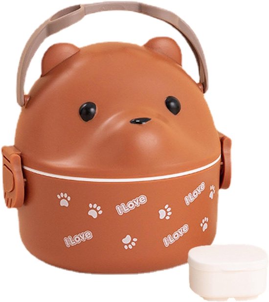 Isolerende Lunchbox - Bento Box - Eten Warm Houden - Leuk Berenontwerp - 15.6 x 15.1 cm - Koffie