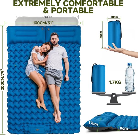 Isolerende Slaapmat - Blauw - 200 x 130 cm - Opblaasbare Luchtmatras met Comfortkussen - Voor 2 Personen