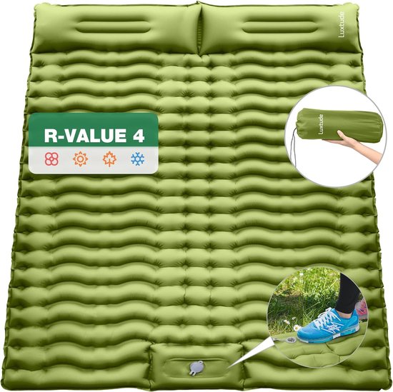 Isomat 2 personen, 200 x 140 cm, luchtmatras, zelfopblazend, outdoor, ultralicht, campingmatras, kleine pakmaat, waterdicht, opvouwbaar, slaapmatten met kussen, voetpomp, opblaasbare isomat van Flowclear