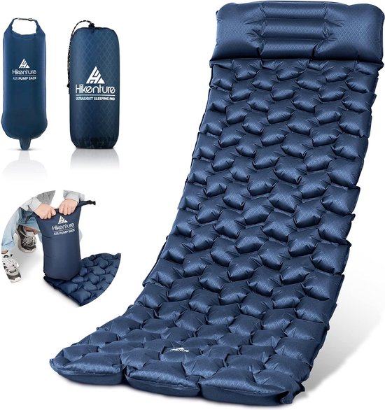 Isomat, opblaasbaar met kussen, duurzaam luchtmatras, klein verpakkingsformaat, ultralichte slaapmat, ideaal campingaccessoire voor outdoor, wandelen, trekking, strand, reizen, C1-blauw van Merkloos