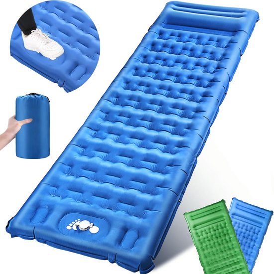 Isomat Slaapmat - Luchtbed Kamperen - Outdoor slapen - Zelfopblaasbaar met voetpomp - 195 x 66 cm - Blauw