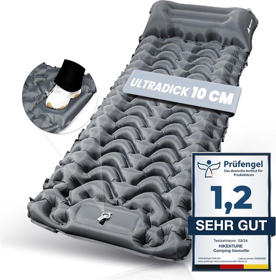 Isomat zelfopblazend 10 cm campingluchtmatras met kussen isolerende campingmat kleine pakmaat opblaasbare slaapmat met voetpomp voor outdoor wandelen grijs A1, comfortabel en compact van Merkloos