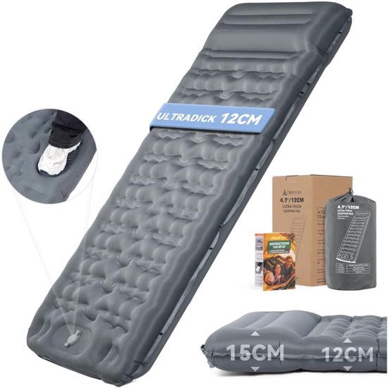 Isomatte Camping - Opblaasbaar Luchtbed - Ontspannen Buiten - Voetpomp Geïntegreerd - 12 cm Dik - Grijs