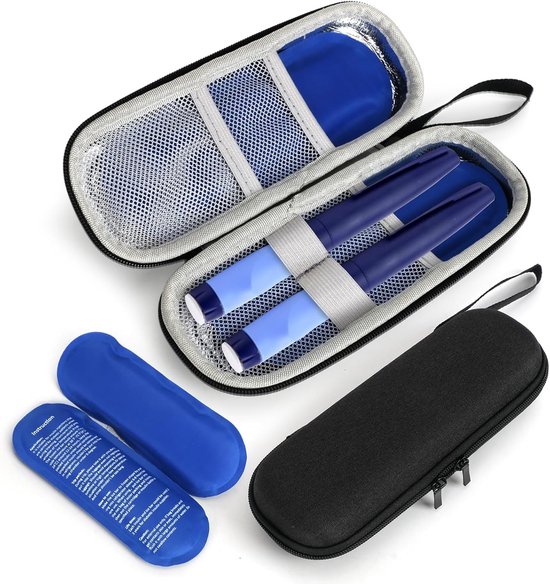 Isothermische Insuline Tas met 2 Gel Compartimenten, Draagbare Medicijn Tas voor Diabetici, Ideaal voor Insulinepen en Spuiten, Zwart, 20 x 7 x 2 cm