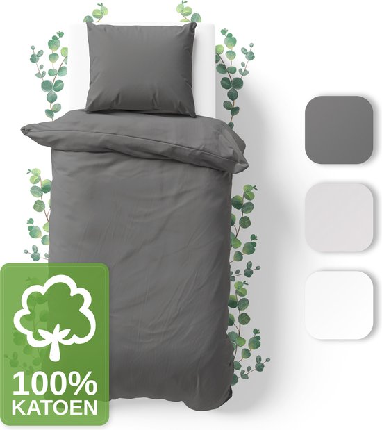 JACOBSON Dekbedovertrek - 135x200 cm + 1 Kussensloop 80x80 cm - 100% katoen - met Rits - Antraciet van Merkloos