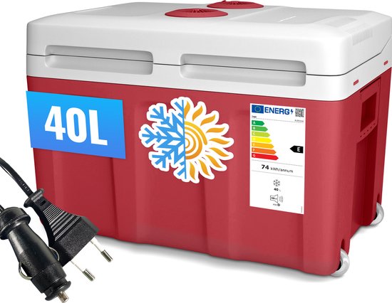 Jago® Koelbox - 40l, Draaggreep, 12/220V Auto- en stopcontactstekker, Rood - Draagbare, geïsoleerde koelbox en verwarming voor eten en drinken, kamperen, picknicken, eten, strand, elektrische buitenkoelbox