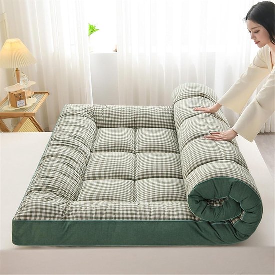 Japans vloermatras - Oprolbaar bed - Comfortabel slapen - 6 cm dik geheugenschuim - 100 x 200 cm - Groen geruit