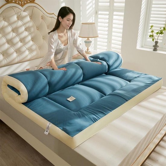 Japanse Futon Matras - Dikke Vloermatras - Comfortabel Slapen - Gewassen Katoenen Stof - 200x220cm - Blauw