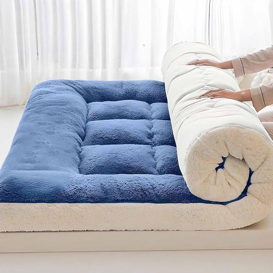 Japanse Futon Matras - Opvouwbaar Beddengoed - Comfortabel Slapen - Dubbele Lamswol Vulling - 90 x 190 cm - Blauw