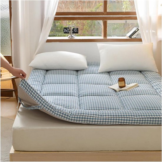 Japanse Futon Matras - Vloermatras Opvouwbaar - Comfortabel Slapen - Huidvriendelijke Stof - 120x200cm - Blauw Geruit