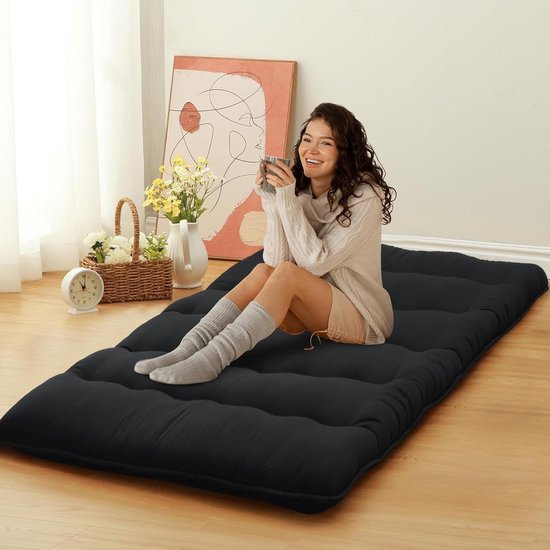 Japanse Futon Matras - Vloermatras Tatami - Comfortabel Slapen - Opvouwbaar en Rolbaar - 99 x 203 cm - Zwart Golvend van Merkloos