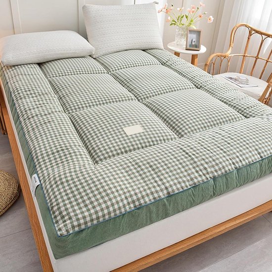 Japanse futonhoes - Gewatteerd matras - Comfortabel slapen - Opvouwbaar ontwerp - 180 x 200 cm - Groen geruit