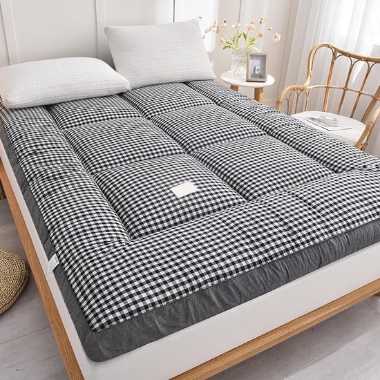 Japanse futonhoes - Opvouwbaar matras - Logeren en reizen - Gewatteerd en zacht - 200 x 220 cm - Grijs geruit
