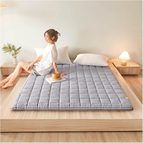 Japanse Futonmatras - Oprolbare Tatami Vloermat - Comfortabel Slapen - Antislip Ontwerp - 120x200cm - Grijs Geruit