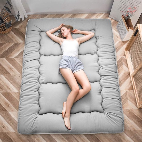 Japanse futonmatras voor op de vloer, dik tatami-slaapmat, opvouwbare oprolbare slaapzaalmat, vloerligstoel, kussenbed (grijs, kingsize)