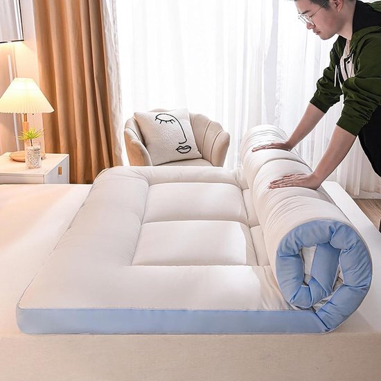 Japanse vloermatras - Draagbaar futonbed - Gasten ontvangen - Opvouwbaar en zacht - 120 x 203 cm - Blauw