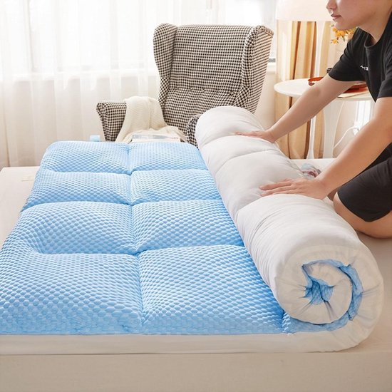 Japanse Vloermatras - Futonmatras Oprolbaar - Comfortabel Slapen - Huidvriendelijk Katoen - 180 x 200 cm - Blauw