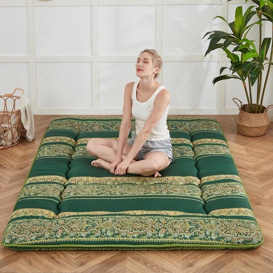 Japanse Vloermatras - Futonmatras Tatami - Kamperen Logeerkamer - Wasbare Hoes Opvouwbaar - Twin 39x80 inch - Boheems Groen