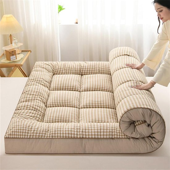 Japanse vloermatras - Oprolbaar vouwmatras - Comfortabel slapen - Geheugenschuim laag - 80x200 cm - Beige geruit