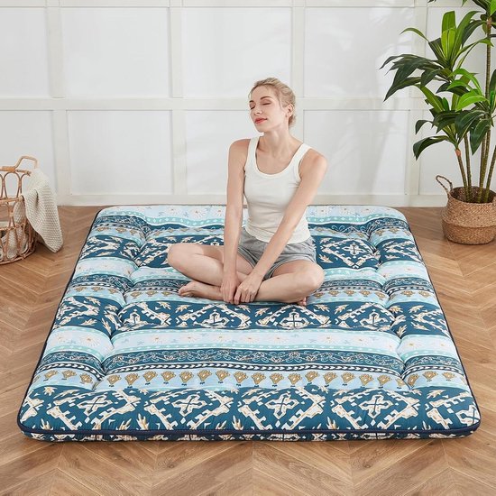 Japanse Vloermatras - Oprolbare Matras Futon - Kamperen en Logeren - Met Draagbare Opbergtas - Twin Maat - Blauw Gestreept Jacquard