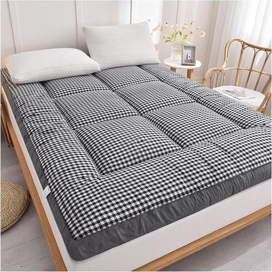 Japanse Vloermatras - Opvouwbare Futon - Comfortabel Slapen - Dikke Veren Vulling - Queen 152 x 203 cm - Grijs Raster