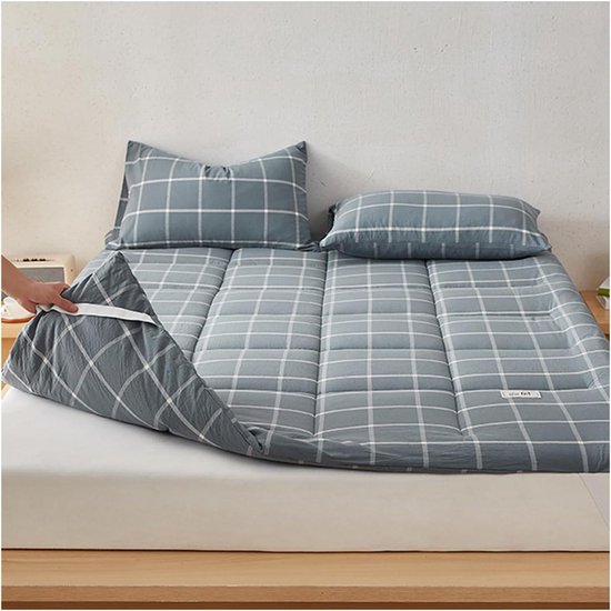 Japanse Vloermatras - Opvouwbare Futon - Gastvrij Ontvangen - Lichtgewicht en Draagbaar - 180 x 200 cm - Geruit