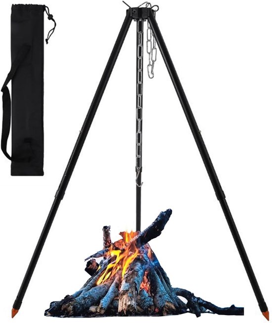 Jas Campfire Cooking Tripod - Verstelbare Hangende Camping Tripod voor Koken - Kleding Drogen - Pot Roast - Grillen - Buiten Picknick Camping BBQ Koken Hanger met Opbergzak van Merkloos