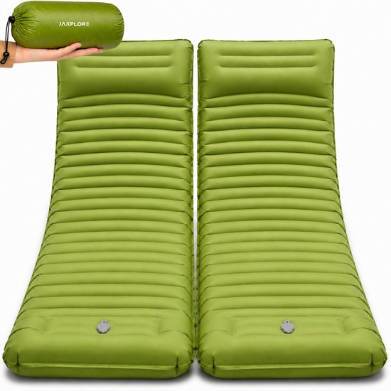 Jaxplore Slaapmat Zelfopblazend - 2 Stuks - 13cm Dik - Ingebouwde Voetpomp & Hoofdkussen - Slaap Matje - Luchtbed 1 persoons - Koppelbaar - Camping matras - 200x70x13cm van Jaxplore