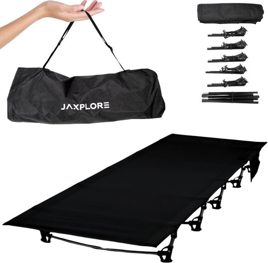 Jaxplore Veldbed - Kampeerbed - 150 kg draagvermogen - 2.2kg - Incl. opbergtas - 193x65x16cm - Vouwbed- Strecher - Zwart van Jaxplore