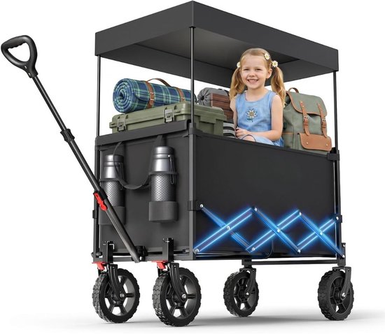 JCP® Bolderkar met Dak - Opvouwbare Handkar met Dak - Handkar met Zonnekap - Zwart - 97cm x 51cm x 96cm