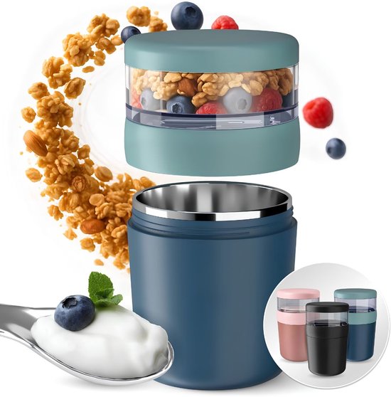 JCP® Yoghurt Beker To Go - Yoghurt Beker To Go met Lepel - Yoghurt en Muesli Beker To Go - Blauw - 10cm x 10cm x 16cm