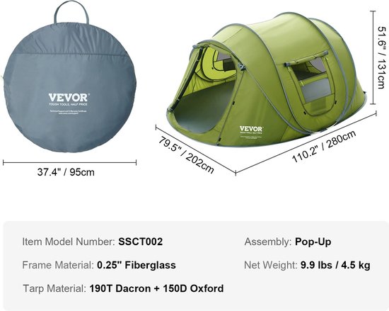 Jemaison® Pop-up tent - Waterdicht - 4 personen - Bestand tegen zwaar weer - Tent - Festival - lichtgewicht - Tenten - Groen - 202x280cm van Jemaison