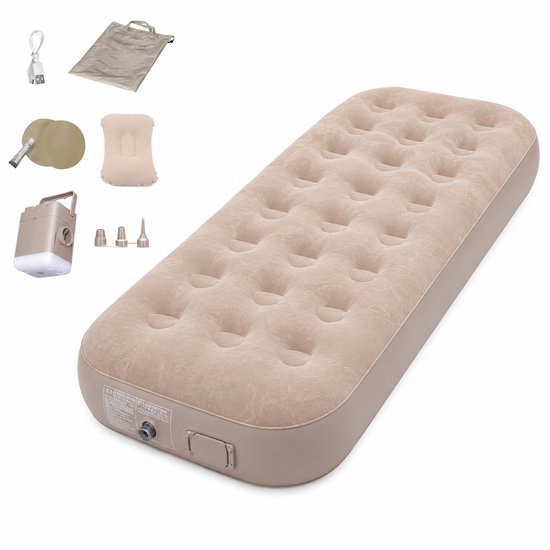 Jensaro Luxe 1-Persoons Zelfopblazend Luchtbed - 190x100x25 - Met Elektrische Pomp met LED Lamp - Opblaasbaar Matras - Beige van Merkloos