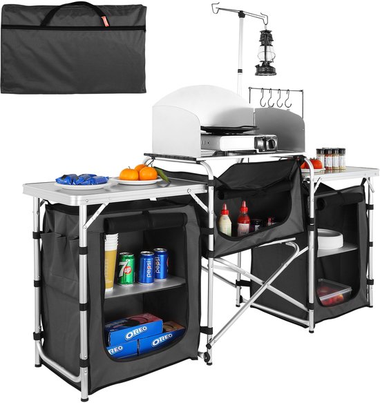 Jently campingtafel - camping keukentafel - campingkeuken - kampeerkeuken - opvouwbaar - buiten keuken opbergrek - zwart